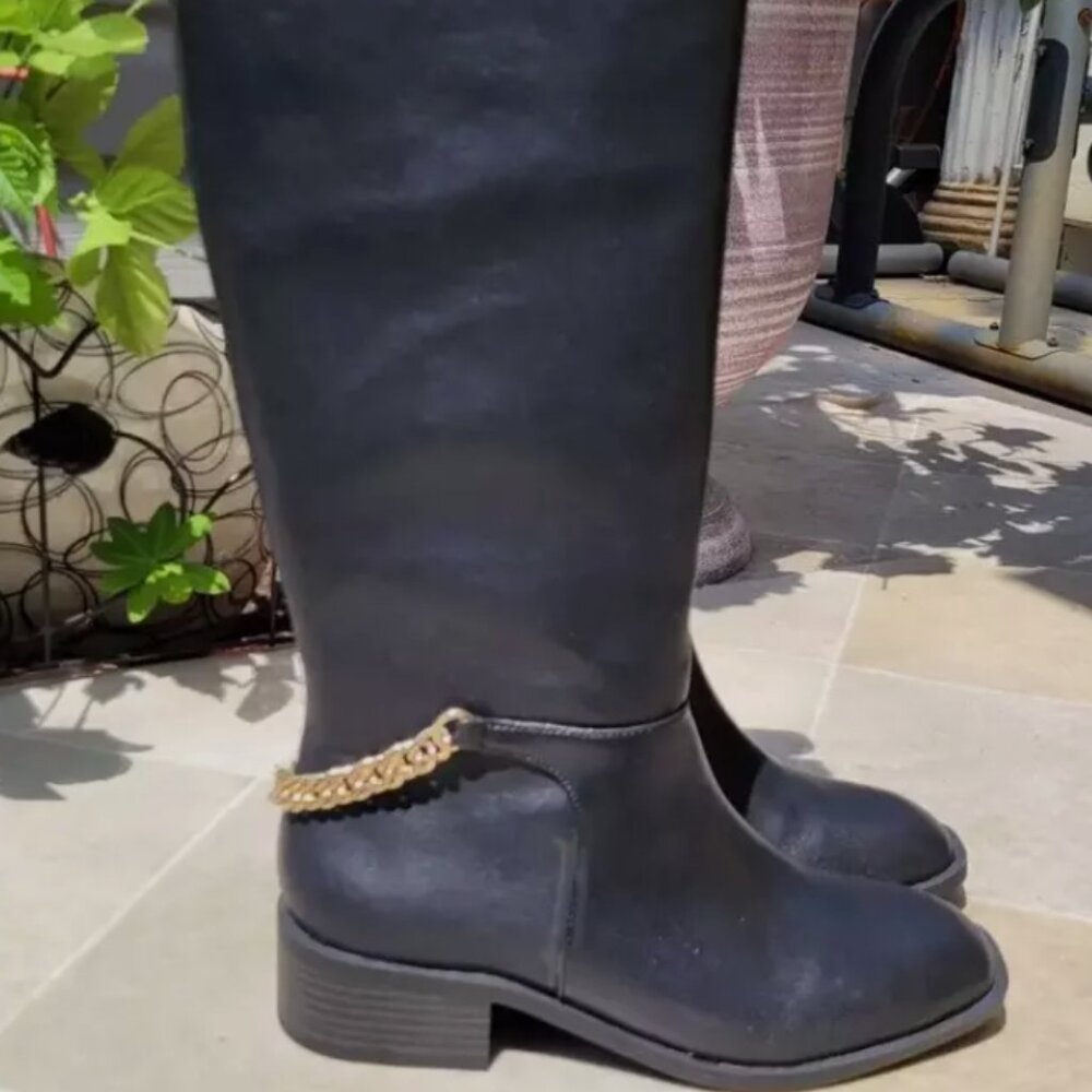 Express Black Leather Tall Mid Knee Chain Riding Boots Size 7 NEW